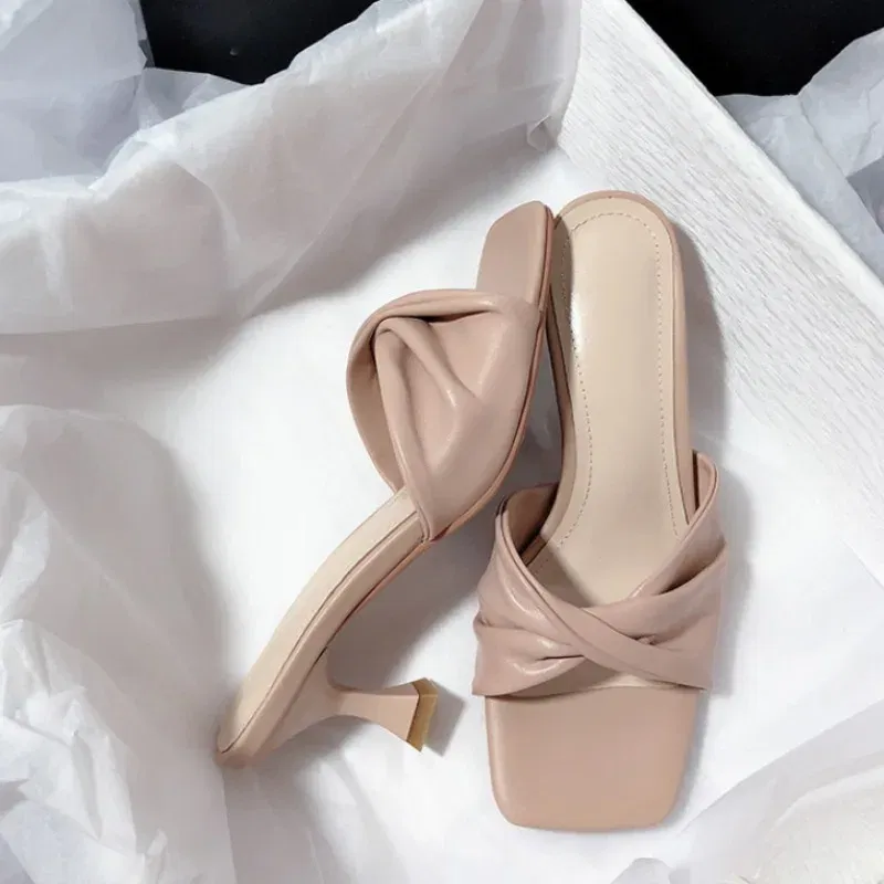 Color: light yellow, Shoe Size: 39 - Fashion Summer Women Shoes New Handmade Square Open Toe High Heels Outdoor Fashion Slippers Apricot Off White