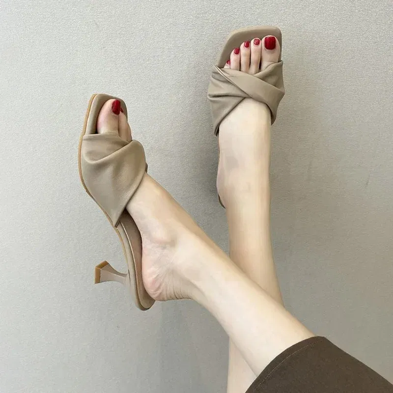 Color: light yellow, Shoe Size: 39 - Fashion Summer Women Shoes New Handmade Square Open Toe High Heels Outdoor Fashion Slippers Apricot Off White