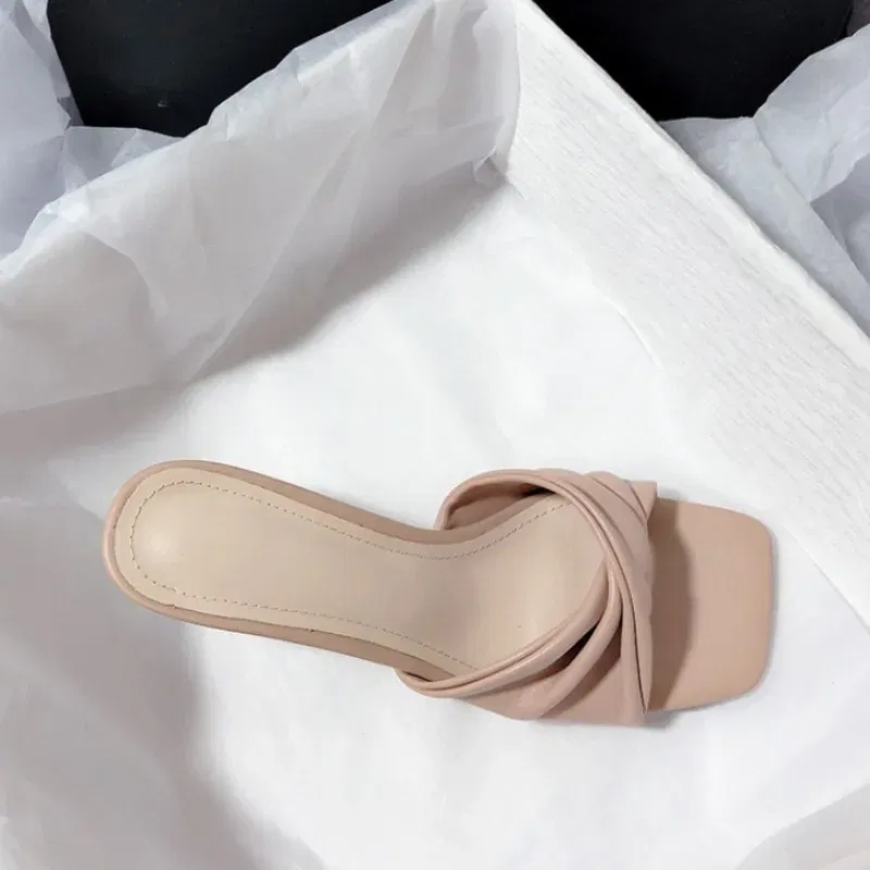 Color: light yellow, Shoe Size: 39 - Fashion Summer Women Shoes New Handmade Square Open Toe High Heels Outdoor Fashion Slippers Apricot Off White