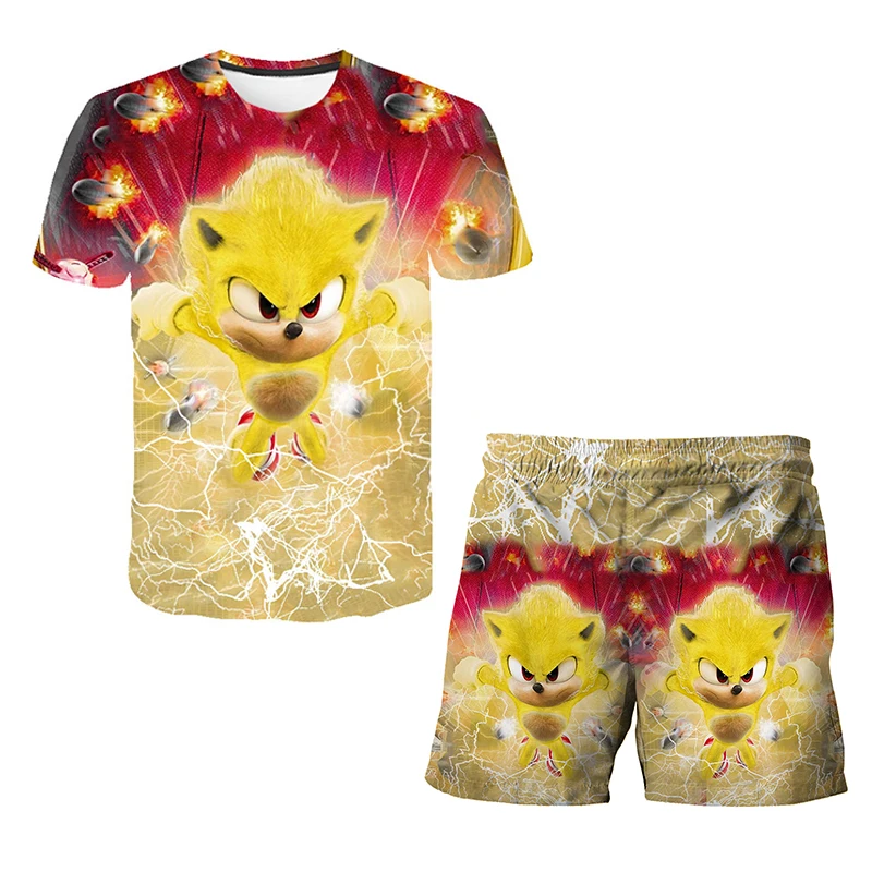 Color: Khaki, Size: >40cm - New Japanese cartoon Sonic T-shirt children's top T-shirt shorts two-piece set summer boy cartoon cute T-shirt+beach pants