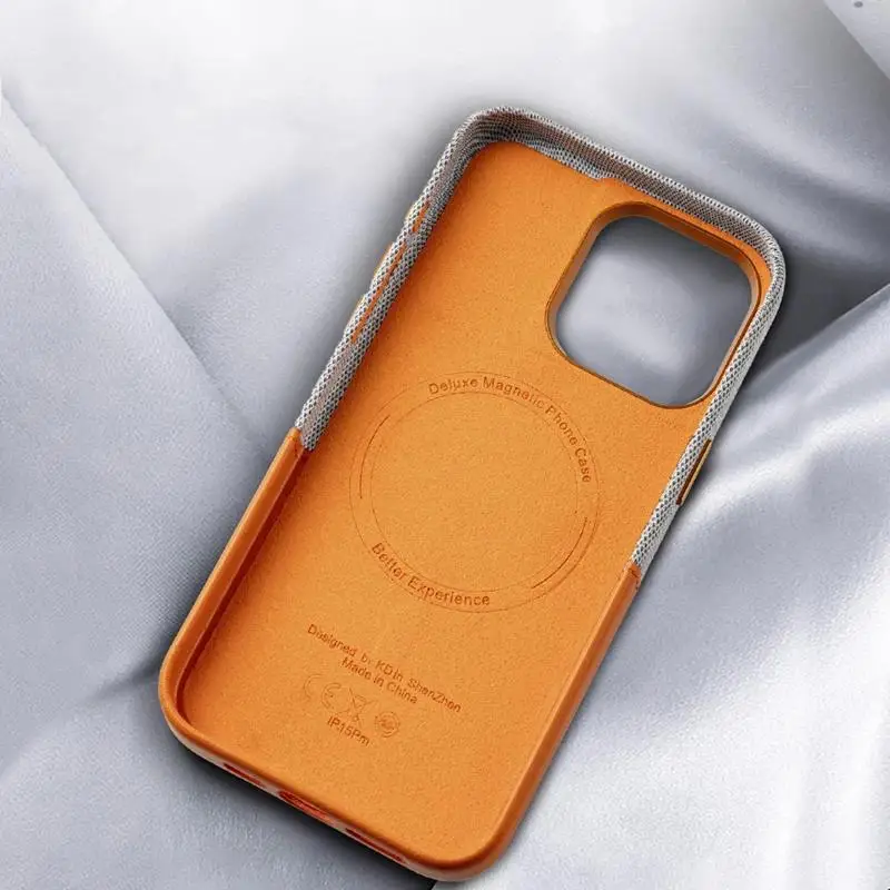 Color: Orange, Material: artificial leather - Card Holder MagSafe Leather Phone Case For iPhone 15 14Pro Max 13 14 Pro 12 Pocket Wireless Charging Alloy Lens Hit Color Cover