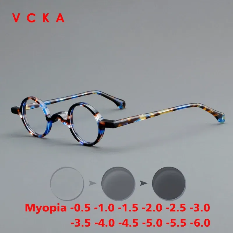 Frame Color: Blue, Eye Prescription: +500 - VCKA Photochromic Acetate Myopia Glasses Men Retro Small Round Frames Women Custom prescription Anti-Blue Eyewear -0.5 TO -10