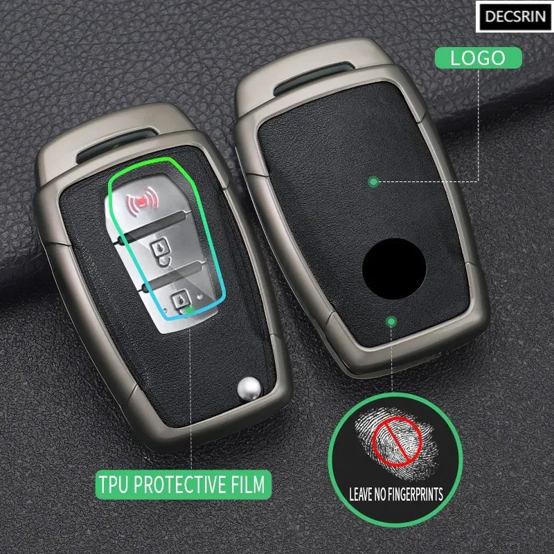 Color Name: army green - Zinc Alloy+ Leather Car Flip Key Case Cover Shell Fob For SsangYong Kyron 2 Sanka Actyon Korando Tivoli Protective Accessories
