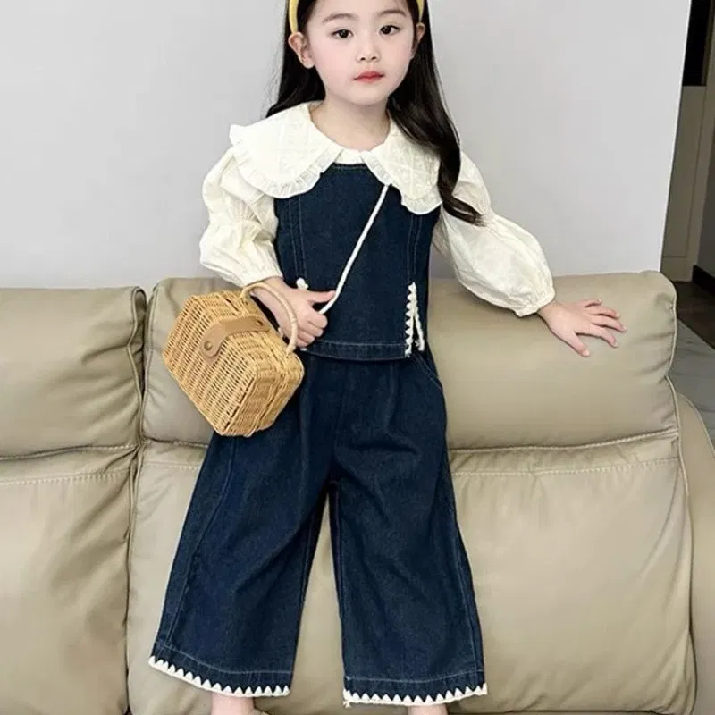 Color: Beige, Kid Size: 8T - Children's Sets 2025 Fall Girls' Denim Vest Set Stylish Shirt + Suspenders Outfit Trendy Toddler 2-Piece Jacket Ensemble