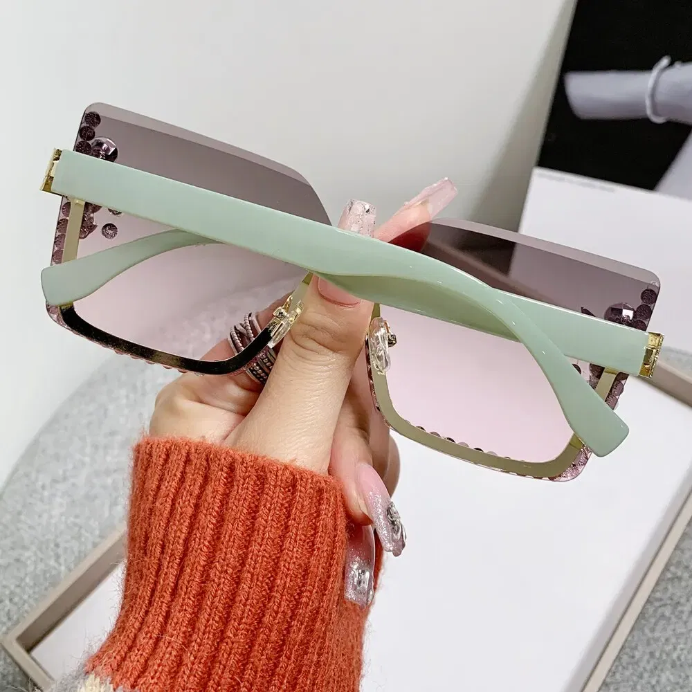 Frame Color: Green, Lenses Color: Green - Women Festival Bling Rhinestone Square Sunglasses Female Trendy Gradient Crystal Rave Glasses For Party
