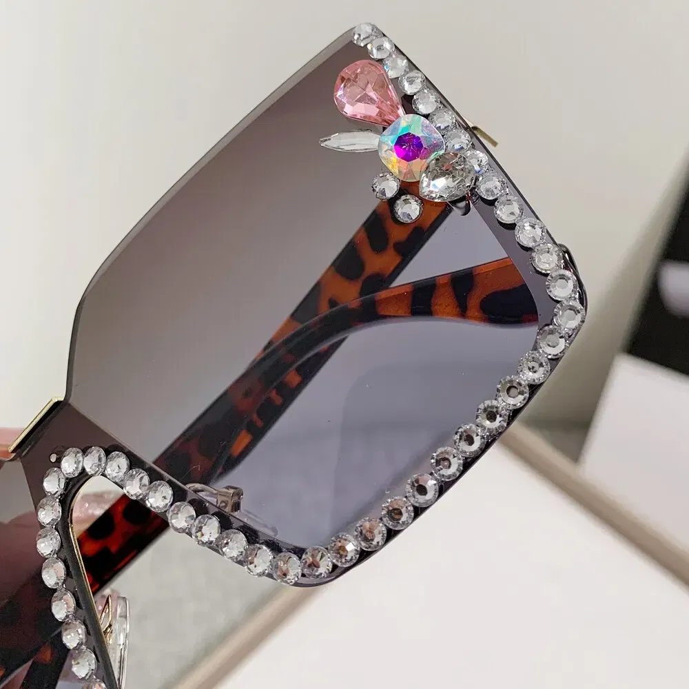 Frame Color: Green, Lenses Color: Green - Women Festival Bling Rhinestone Square Sunglasses Female Trendy Gradient Crystal Rave Glasses For Party