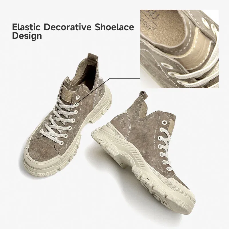Color: Brown, Shoe Size: 8.5 - BeauToday Casual Sneakers Women Suede Leather Round Toe Lace-Free High Top Ladies Retro Fashion Flat Shoes Handmade 29575