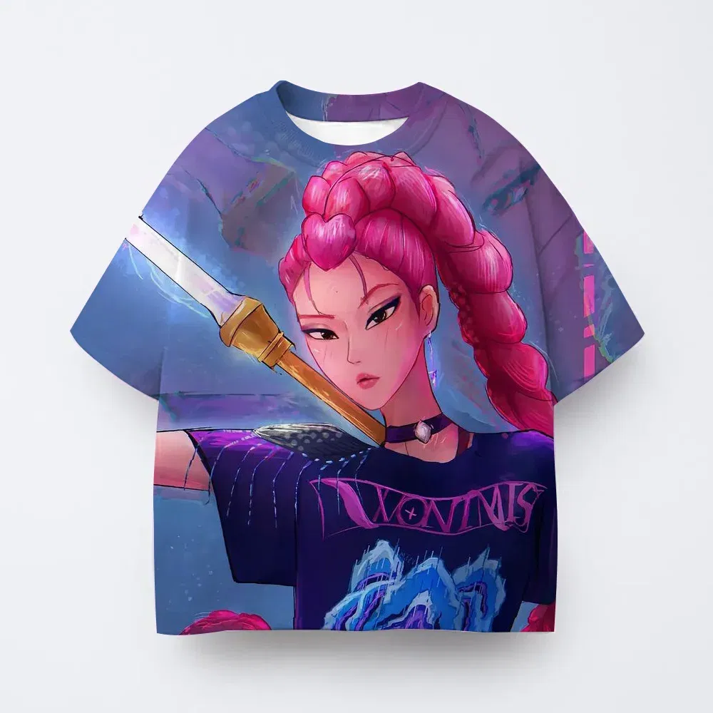 Color: Blue, Kid Size: 4 - Toddler Girl Clothes Kpop Demon Hunters Cartoon Tee Shirt Funny Gift for Fans Harajuku Cool Kids T-shirts Cotton Summer Tops