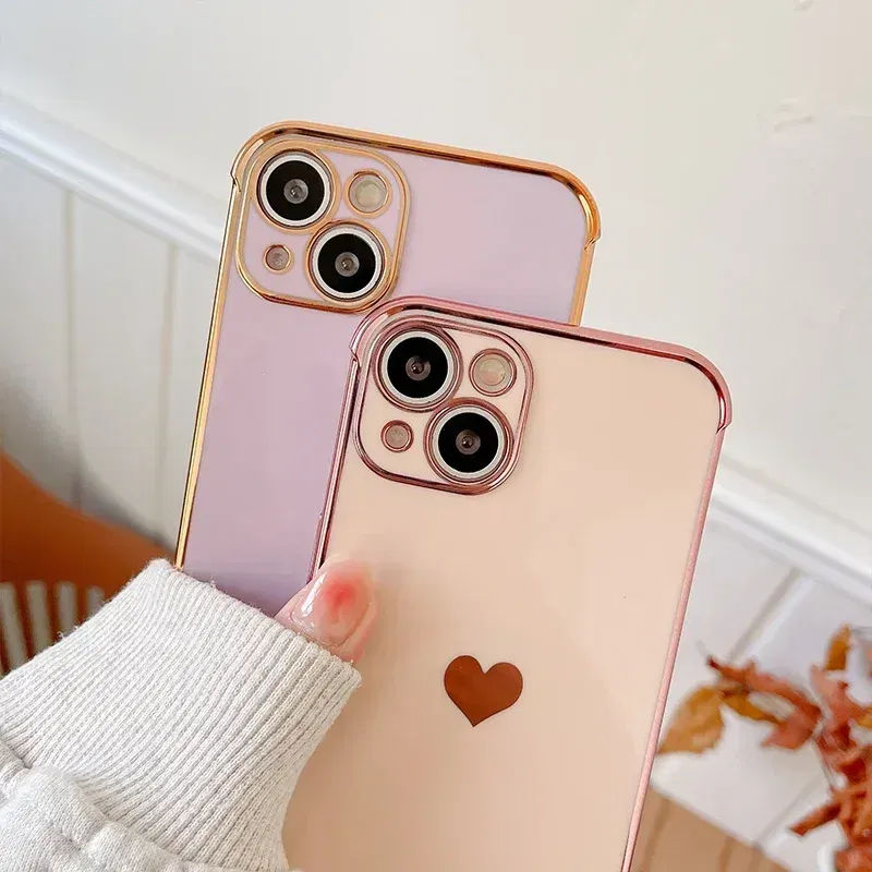 Color: MULTI, Compatible-Phone Models: For iPhone 15 Plus, Ships From: CN - Electroplating Side Love Heart Phone Case For IPhone 16 15 14 13 12 11 Pro Max XR 8 Plus SE2/SE3 Shockproof Back Cover