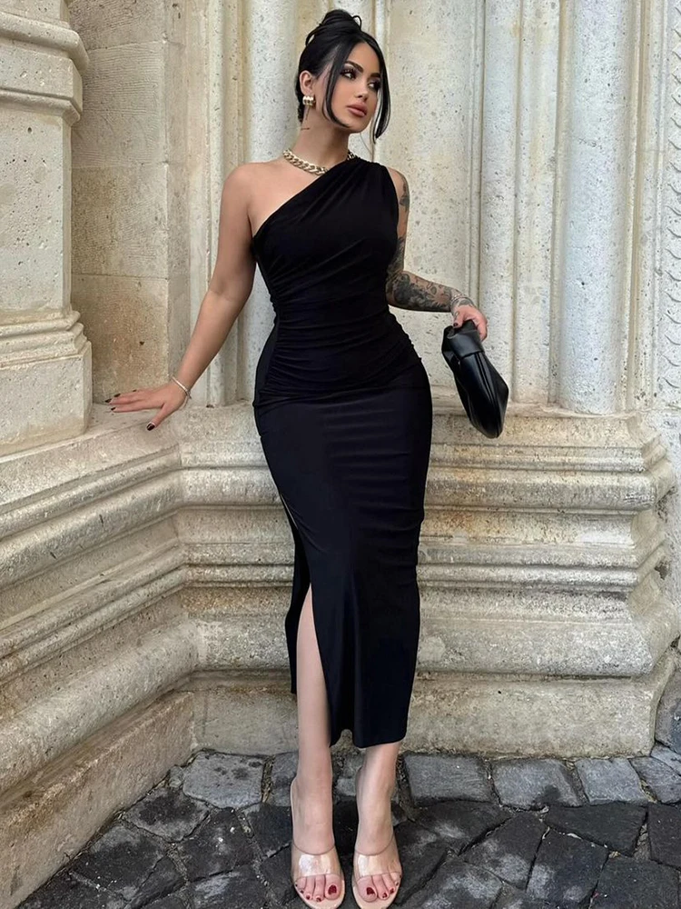 Color: black, Size: M - Summer Black New Dress Women Fashion Sexy Split Sleeveless Backless Slim Maxi Dress Female Casual Club Elegant Lady Party Dress