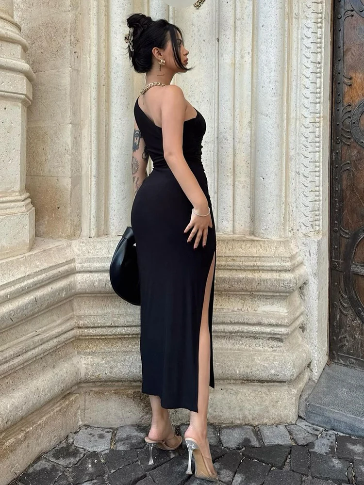 Color: black, Size: M - Summer Black New Dress Women Fashion Sexy Split Sleeveless Backless Slim Maxi Dress Female Casual Club Elegant Lady Party Dress