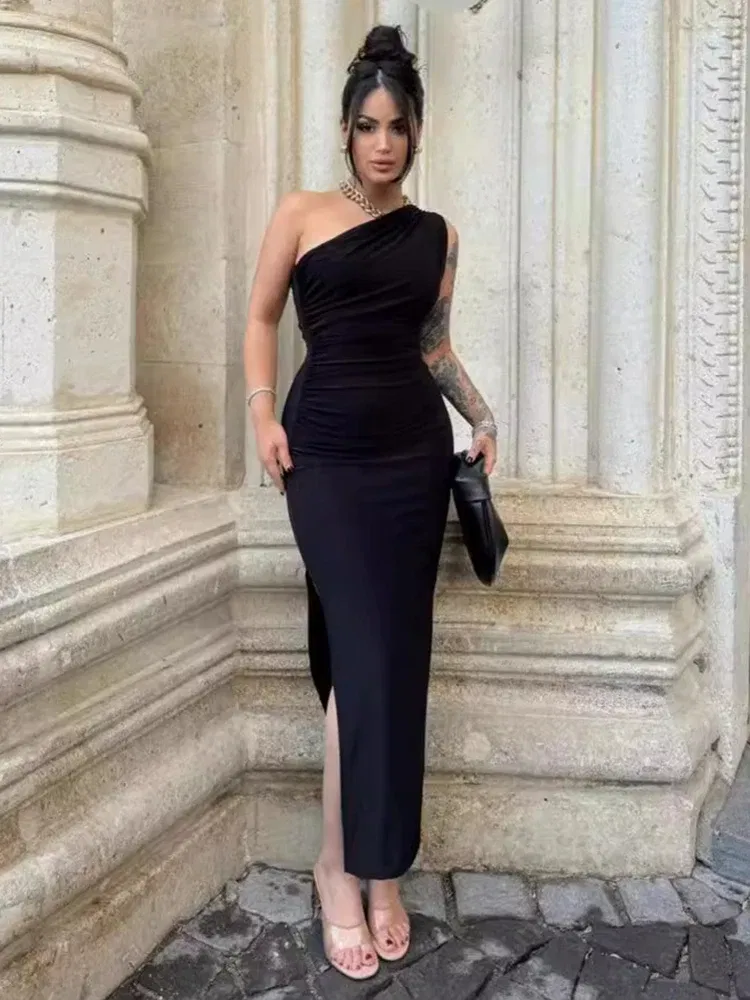 Color: black, Size: M - Summer Black New Dress Women Fashion Sexy Split Sleeveless Backless Slim Maxi Dress Female Casual Club Elegant Lady Party Dress