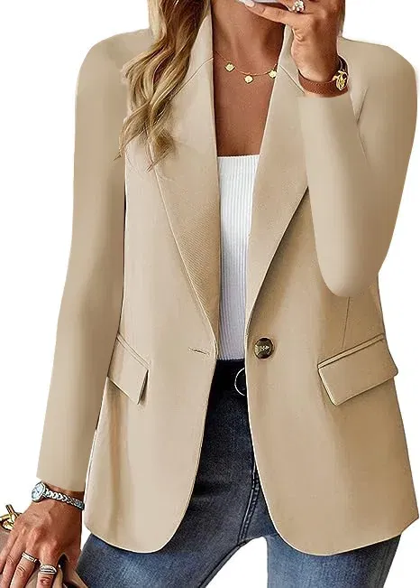 Color: Beige, Size: M - Womens Spring Winter Down Full Long Sleeve Coat Autumn Blazer Button Outwear Suit Cardigan Female