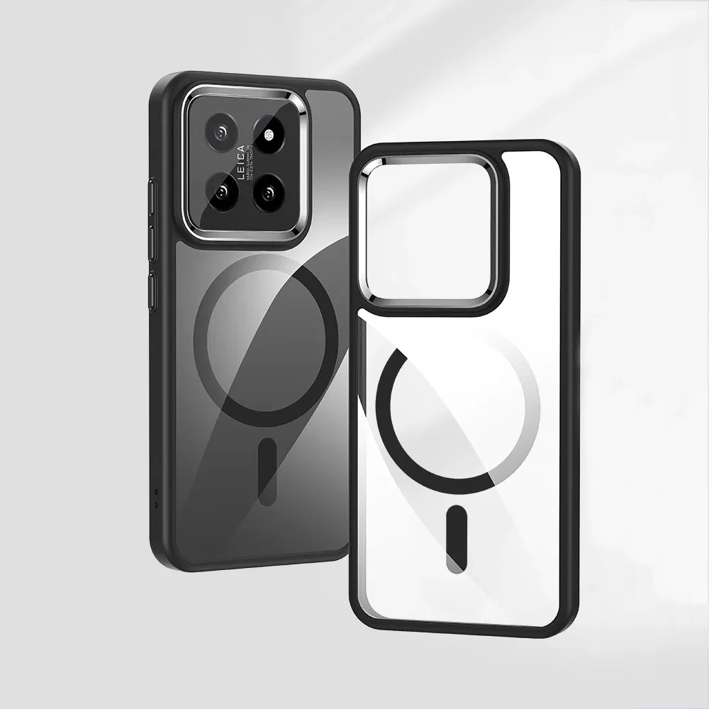 Color: Sky blue, Material: Aluminum - Luxury HD Transparent Shockproof Bumper Case For Xiaomi Mi 14 Pro Ultra For Magsafe Magnetic Wireless Charge Back Cover Shell