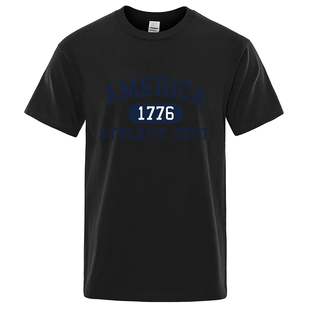 Color: Beige, Size: S - America 1776 Athletic Dept Letter Tshirt Man Fashion Tee Clothes Summer Luxury T-Shirt Hip Hop Breathable Cotton Tee Clothes