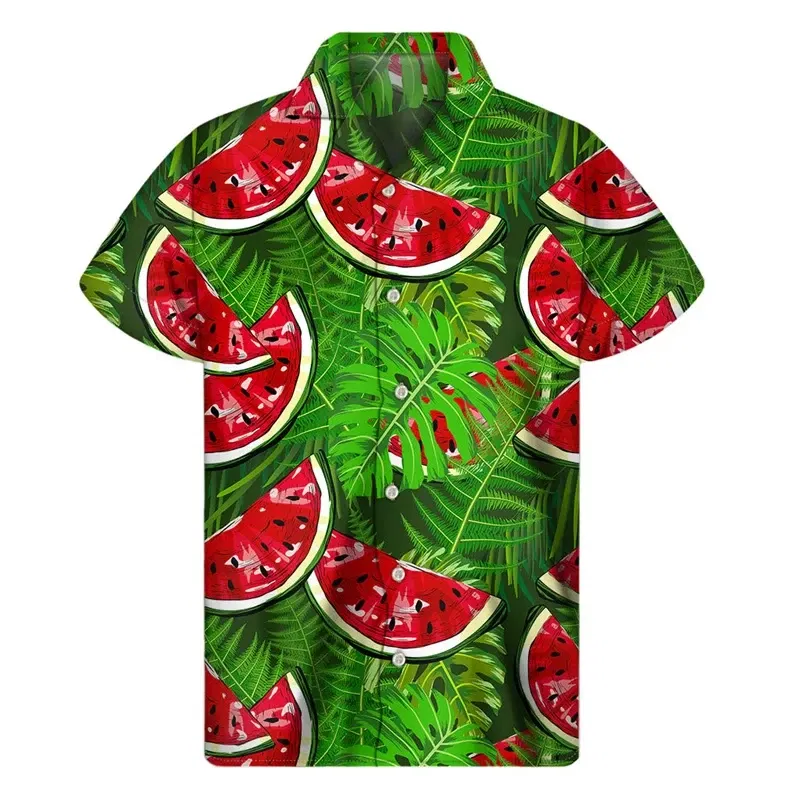 Color: GRAY, Size: XXL - Tropical Watermelon Graphic Hawaiian Shirt Summer Street Short Sleeves 3d Printed Fruits Button Shirts Men Clothes Lapel Blouse