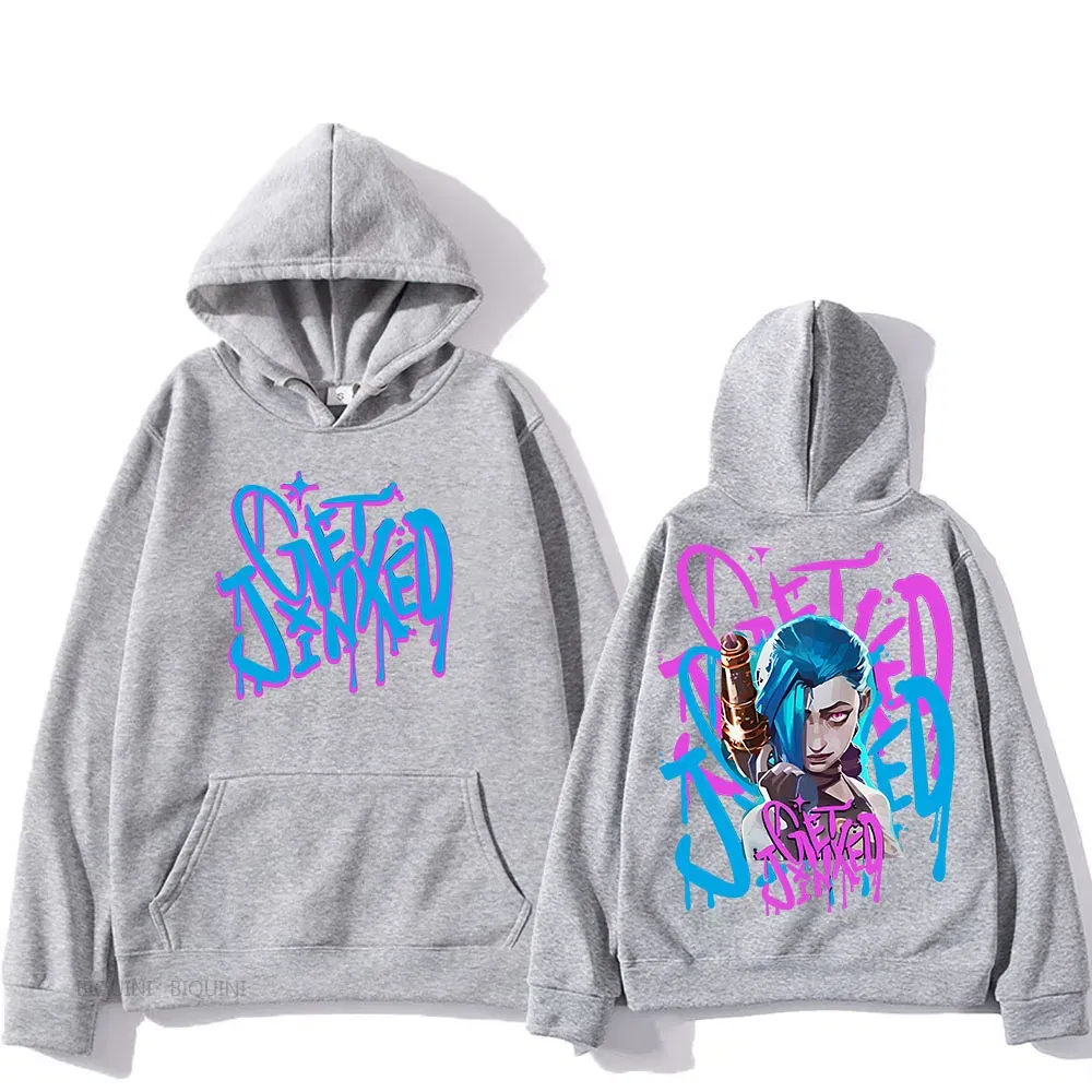 Color: Dark Grey, Size: XL - Arcane Jinx Cute Hooded Anime Print Harajuku Kawaii Sweatshirt Long-sleeved Cartoon Fleece Clothes Moletom Fashion Pullovers
