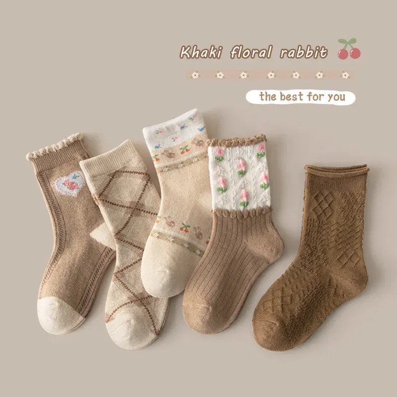 Color: Dark Grey, Size: 7-9T - Kids Socks Warm Cotton Autumn Spring Socks Girls Calf Length Coffee Khaki Bear Socks Baby Sock