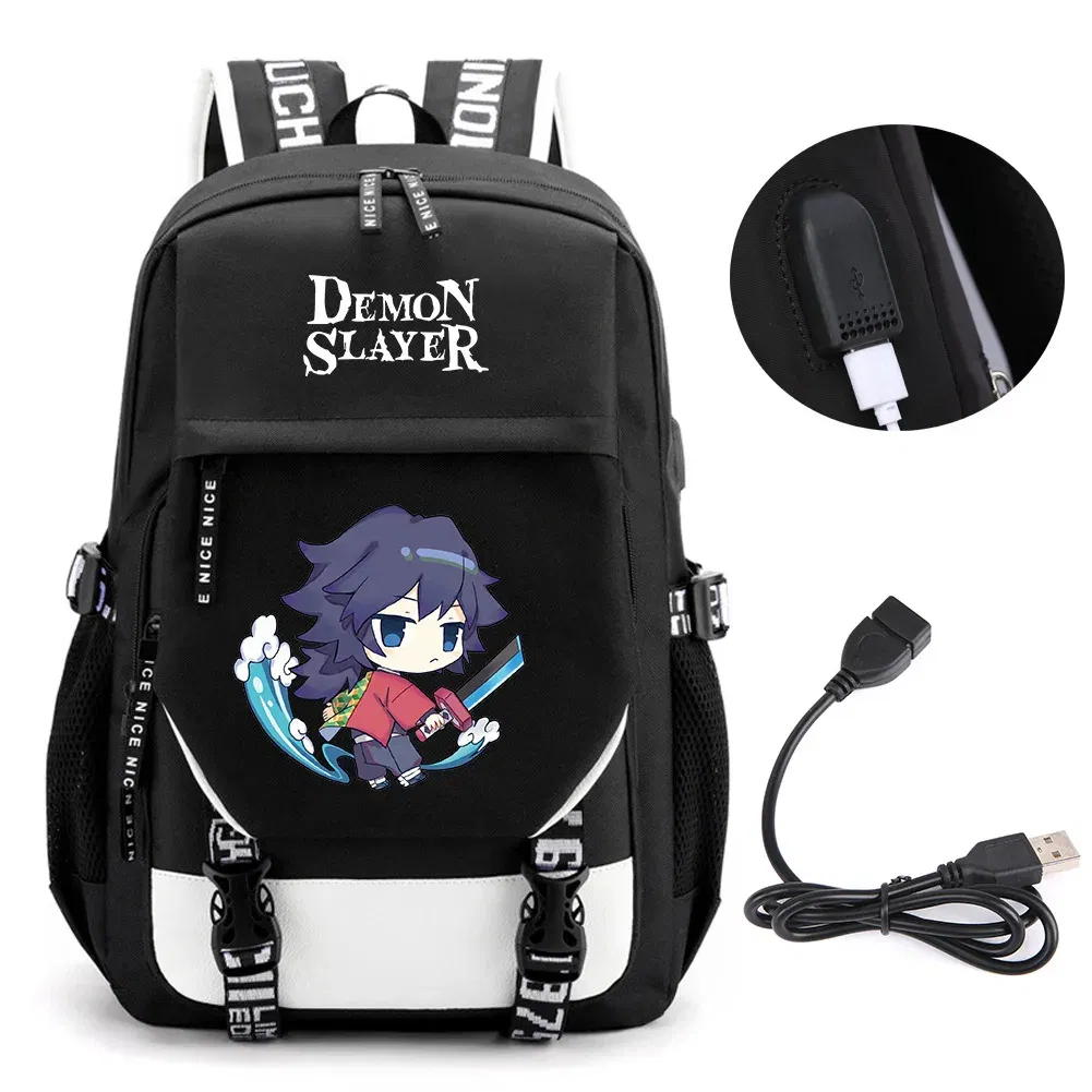 Color: army green - Anime Demon Slayer Kamado Nezuko Backpack School Book Bags Mochila Travel USB Port Bag Laptop Boy Girls Gift