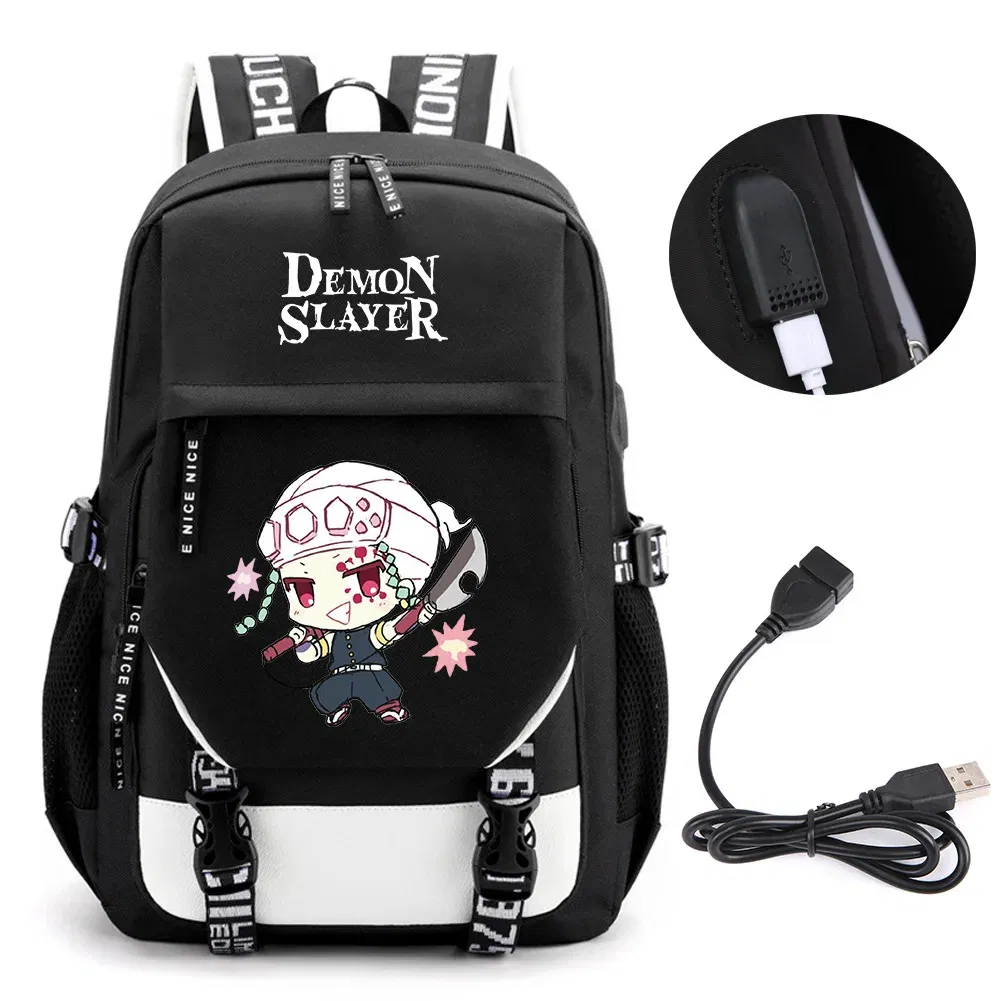 Color: army green - Anime Demon Slayer Kamado Nezuko Backpack School Book Bags Mochila Travel USB Port Bag Laptop Boy Girls Gift