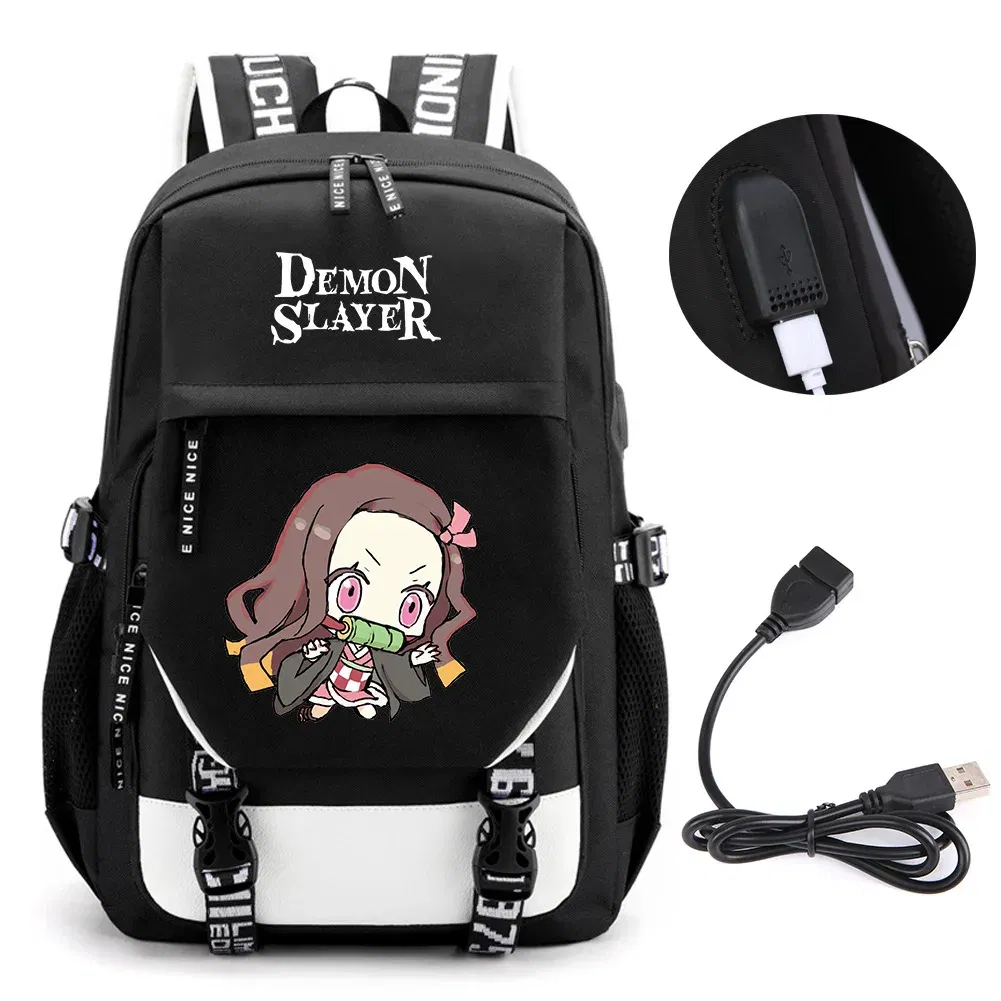 Color: army green - Anime Demon Slayer Kamado Nezuko Backpack School Book Bags Mochila Travel USB Port Bag Laptop Boy Girls Gift