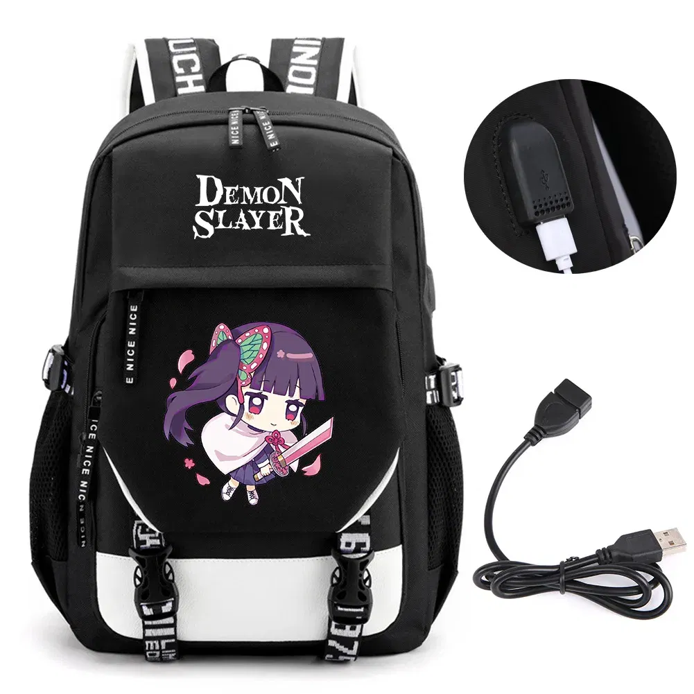 Color: army green - Anime Demon Slayer Kamado Nezuko Backpack School Book Bags Mochila Travel USB Port Bag Laptop Boy Girls Gift