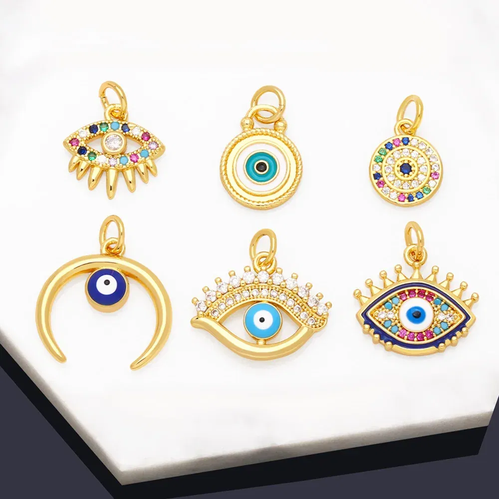 Metal color: Orange - OCESRIO Multicolor Little Turkish Eye Bracelet Earring Charm Copper Gold Plated CZ Evil Eye Jewelry Making Supplies chma180