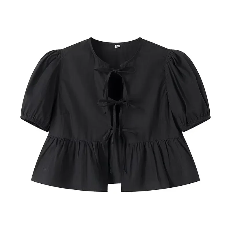 Color: GRAY, Size: M - TRAF White Crop Top Women Black Ruffle Short Puff Sleeve Blouse Female Bow Tied Summer Blouses Woman 2024 Ruched Cute Tops