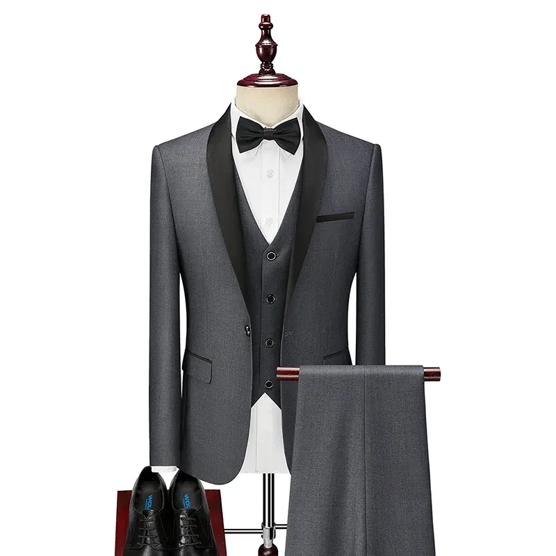 Color: Dark Grey, Size: 4XL - Shenrun Men Tuxedo Slim Fit Fashion Suit Wedding Shawl Lapel 3 Pieces Skinny Single Breasted Jacket Party Prom Singer Costume