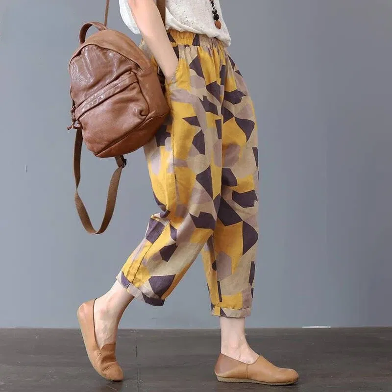 Color: Beige, Size: XXL - Cotton and Linen Pants for Women Summer Printing Harem Pants Female Mother Loose Retro Fashion Women's Ankle Length Pants