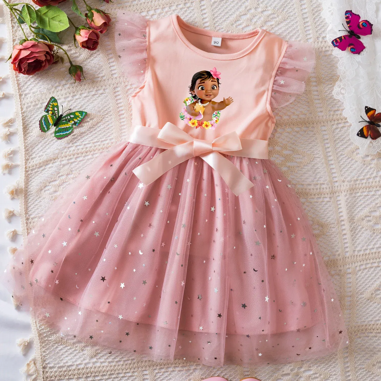 Color: Pink, Size: L - Moana Summer Toddler Girl Dress Princess Star Baby Girls Clothes Tulle Tutu Dress for Children Party Dress 2-6Y