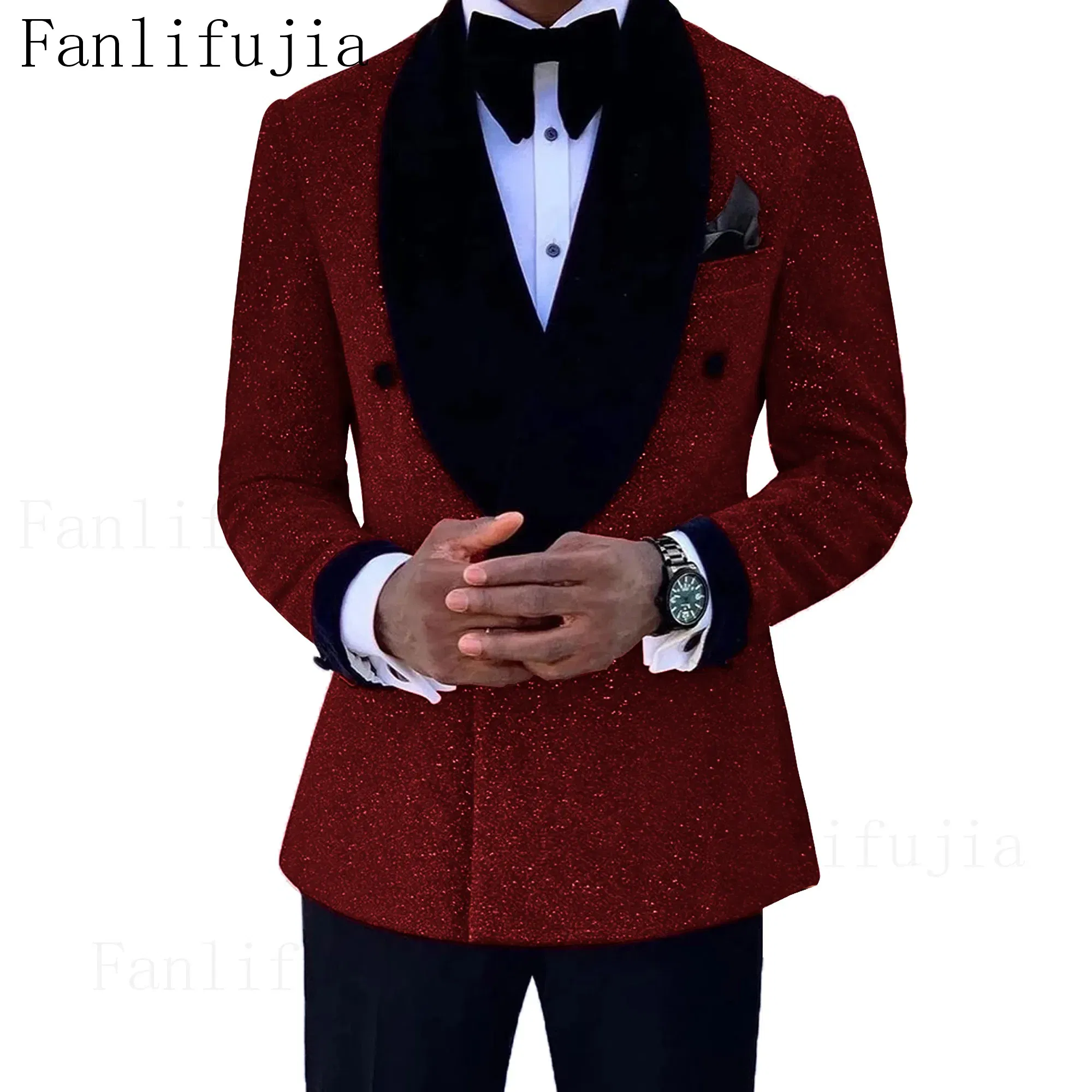 Color: Burgundy, Size: XL - Fanlifujia Luxury Red Glitter Suits Men Groom Wedding Tuxedo Double Breasted Blazer Formal Evening Party Prom Dress 2 Pieces Set
