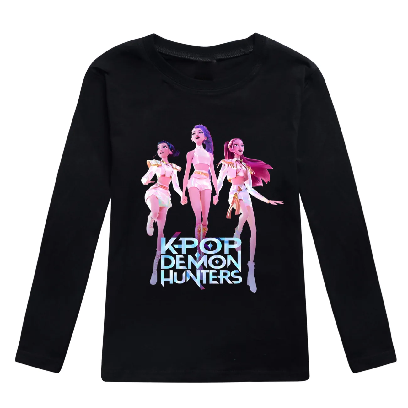 Color: GRAY, Kid Size: 5 - KPop Demon Hunters Huntrix Tshirt Kids Clothes Teenage Boys O-Neck Cartoon Casual T-shirts Girls Long Sleeve Tops Child Clothing