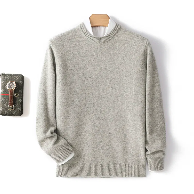 Color: Light Grey, Size: XXL, Ships From: CHINA - Men's 100% Pure Wool Cashmere Sweater O-Neck Pullover Knit Sweater Autumn and Winter New Long Sleeve High-End Jumpers Thick Tops