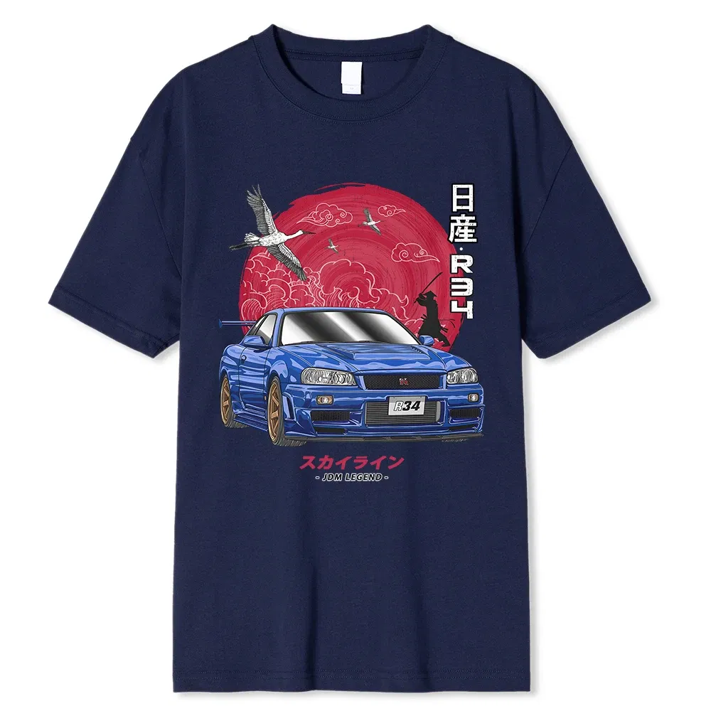 Color: SKY BLUE, Size: S - Cotton Initial D T Shirt Men Women Harajuku Aesthetic Oversize T-Shirt Funny JDM LEGEND Car Tshirt Nissan Skyline R34 Tee Shirt