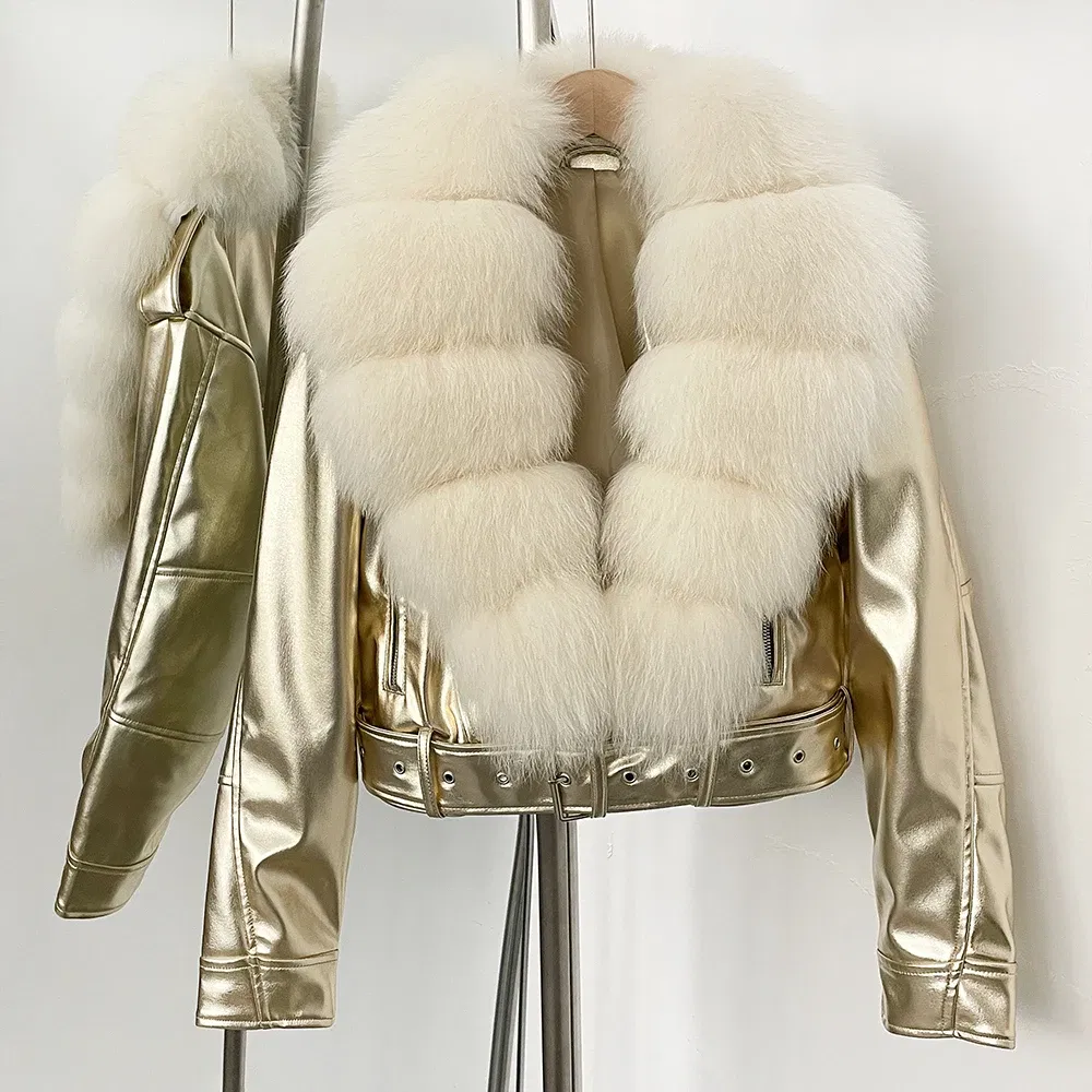 Color: SKY BLUE, Size: M - Fake Leather Coat New Natural Fox Fur Autumn Short Faux Leather Jacket Female Spring PU Women Long Sleeve Real Fur Coat Thin
