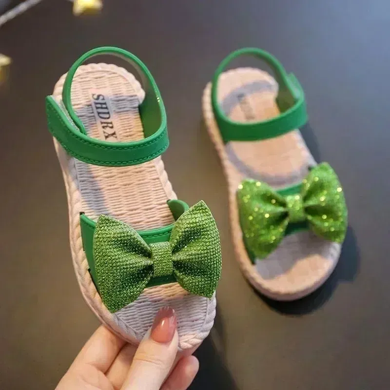 Color: SKY BLUE, Shoe Size: 5.5 - Girls Sandals 2024 Summer Princess Children Sandals Bow Tie Girl Shoes Fashion Casual Non Slip Kids Beach Shoes