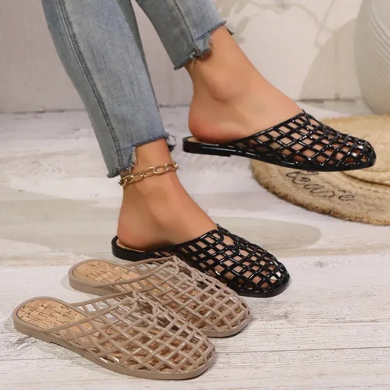 Color: Khaki, Shoe Size: 40 - Women's Shoes 2025 Summer New Mesh Woven Hollowed-out Breathable Head Slippers for Women's Toe Wedge Sandals Zapatos De Mujer