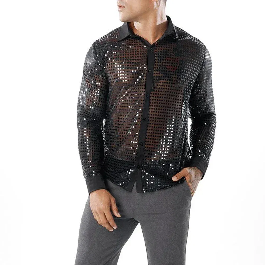 Color: black, Size: L, Ships From: CHINA - 2023 Fashion Mens Sparkly Sequins Party Dance Shirts Retro 70s Disco Nightclub Shirt Tops Single Breasted Performance Clothing