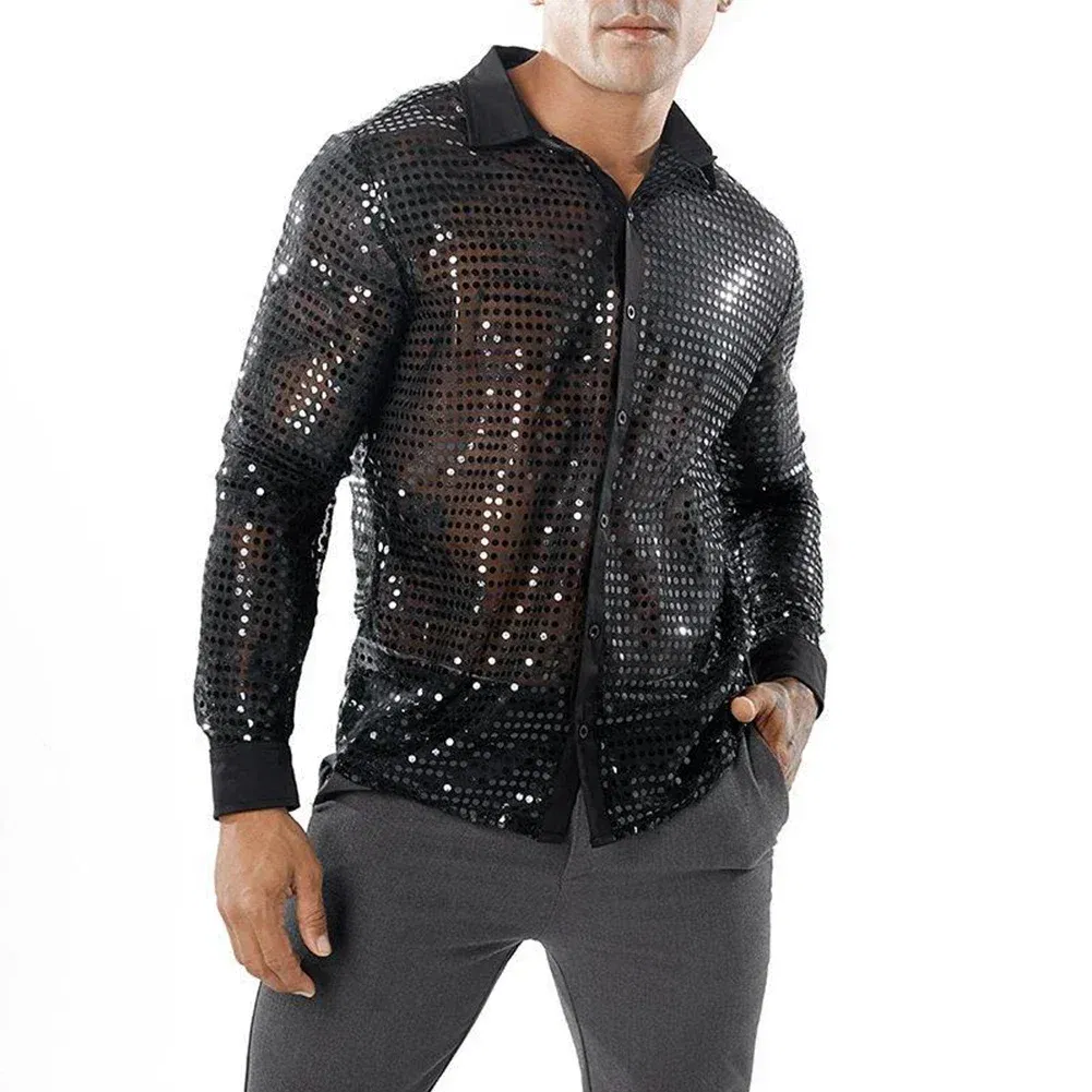Color: black, Size: L, Ships From: CHINA - 2023 Fashion Mens Sparkly Sequins Party Dance Shirts Retro 70s Disco Nightclub Shirt Tops Single Breasted Performance Clothing
