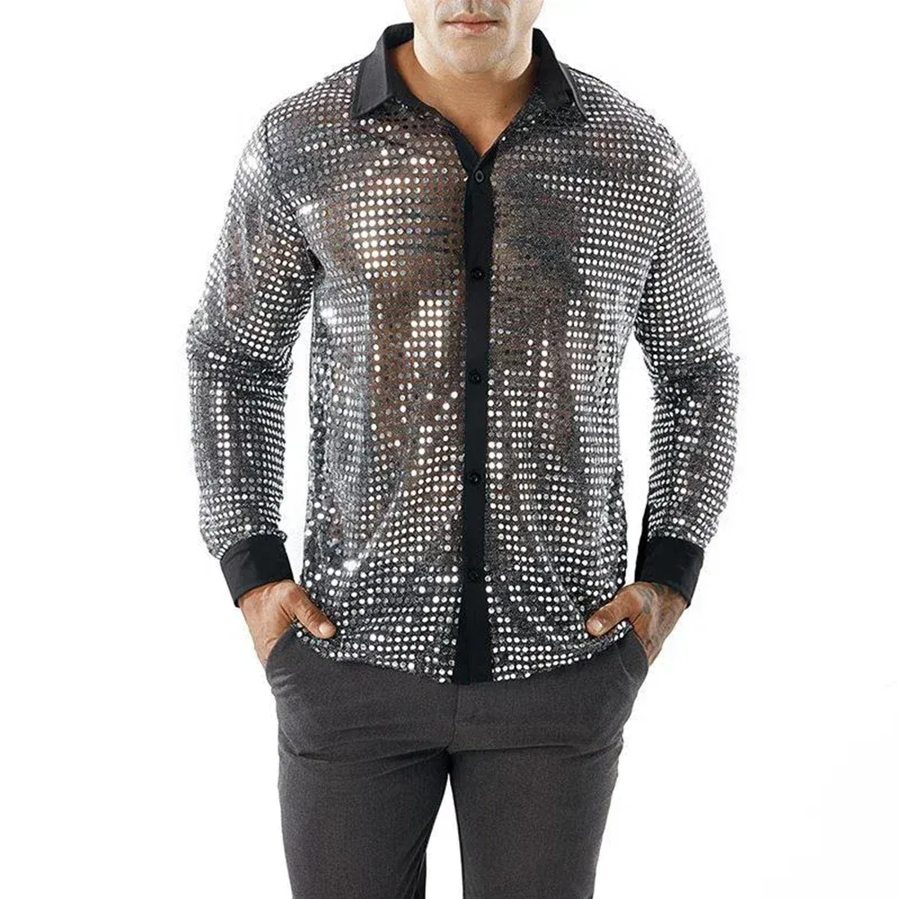 Color: black, Size: L, Ships From: CHINA - 2023 Fashion Mens Sparkly Sequins Party Dance Shirts Retro 70s Disco Nightclub Shirt Tops Single Breasted Performance Clothing