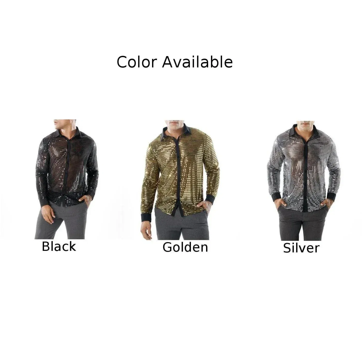 Color: black, Size: L, Ships From: CHINA - 2023 Fashion Mens Sparkly Sequins Party Dance Shirts Retro 70s Disco Nightclub Shirt Tops Single Breasted Performance Clothing
