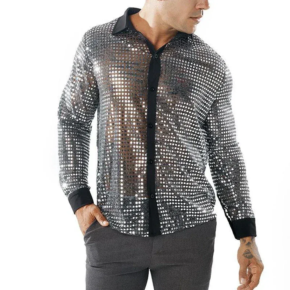 Color: black, Size: L, Ships From: CHINA - 2023 Fashion Mens Sparkly Sequins Party Dance Shirts Retro 70s Disco Nightclub Shirt Tops Single Breasted Performance Clothing