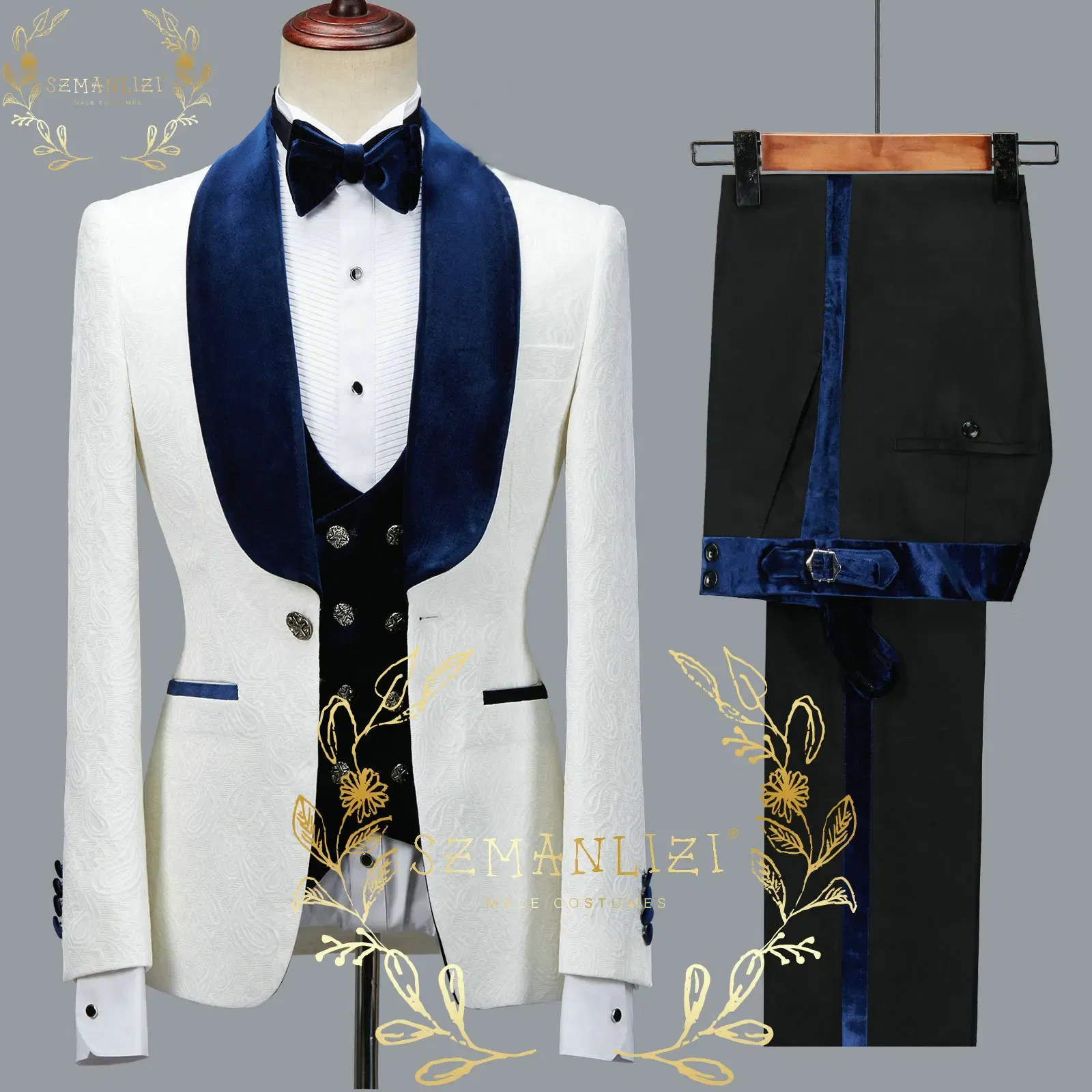Color: Khaki, Size: S - SZMANLIZI 2022 Latest Designs Black Floral Party Blazer Men Suits Costume Homme Groom Tuxedos Wedding Terno Masculino 3 Pieces