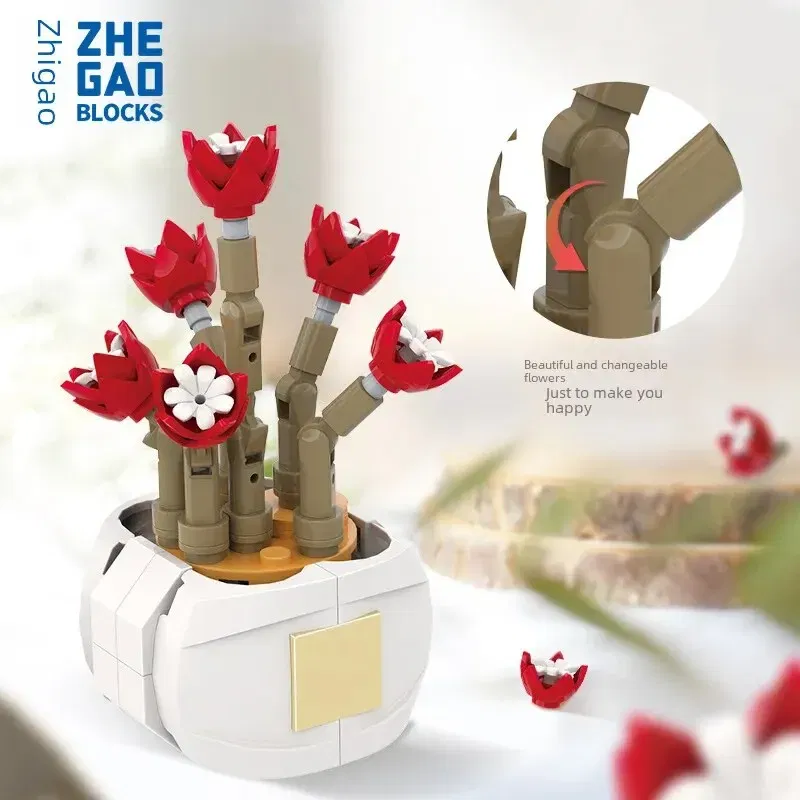 Ships From: CHINA, Color: GRAY - Zhegao Cute Succulent Plant Building Blocks Potted Plant Assembly Toy Small Particle Desktop Ornament For Girls