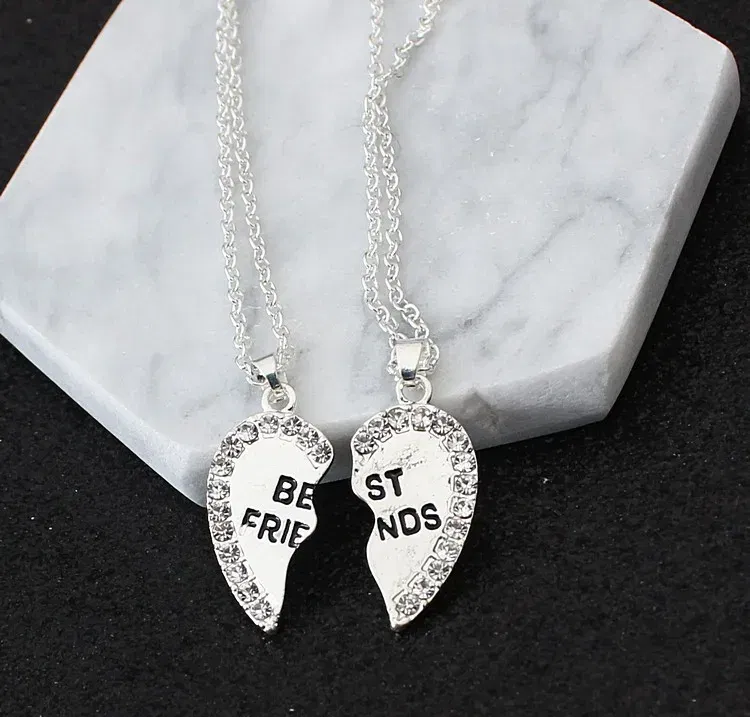 Metal Color: SILVER PLATED - 2 Pcs/set Love English Pendant Alloy Ornaments Fashion Best Friends Heart Necklace Good Friends Choker Statement Necklace