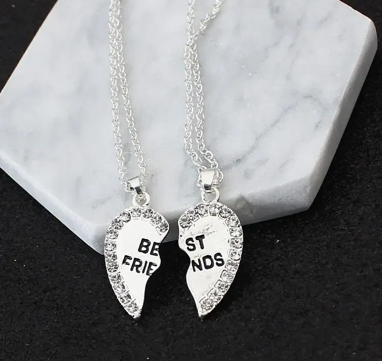 Metal Color: SILVER PLATED - 2 Pcs/set Love English Pendant Alloy Ornaments Fashion Best Friends Heart Necklace Good Friends Choker Statement Necklace
