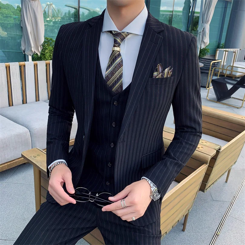 Color: black, Size: XL - Gray Men Classic Striped/Checked Suits, Business Office 3 Piece, Asian Size Slim Fit Men Dress Jacket & Pants with Vest, S-4XL