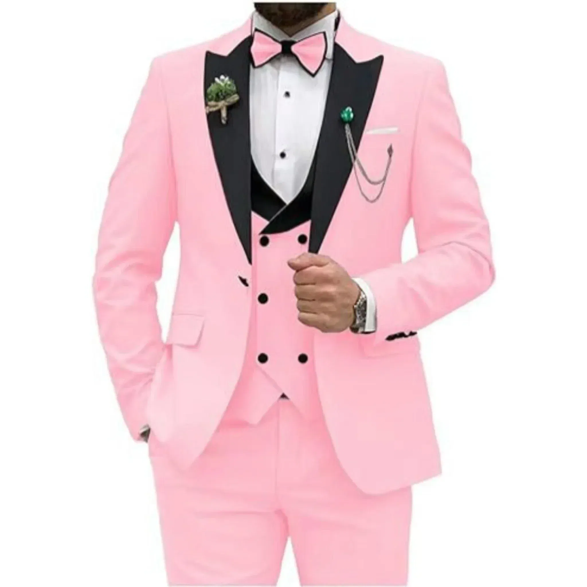 Color: Pink, Size: 4XL - Men Suit Colorful Luxury Blazer Vest And Pant Sets 3 Piece Birthday Dress Business  Prom Evening Party Costumes High Quality