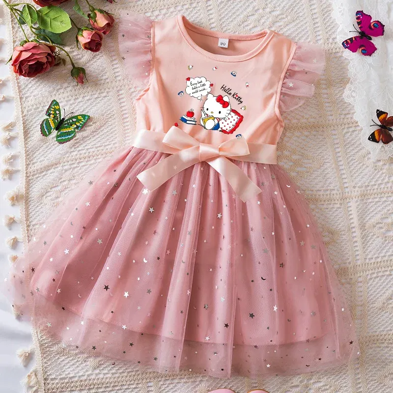 Color: Pink, Kid Size: 2T - Hello Kitty Girls Sequin Tutu Dress with Bow Flutter Sleeves Summer Princess Party Outfit for Toddler Kids 2-6 Years